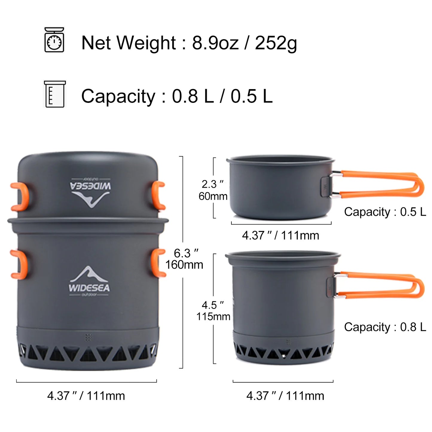 Camping Cookware Set 1.3L and 2.3L - Outdoor Cooking Pot, Tableware for Camping and Travel, EP081