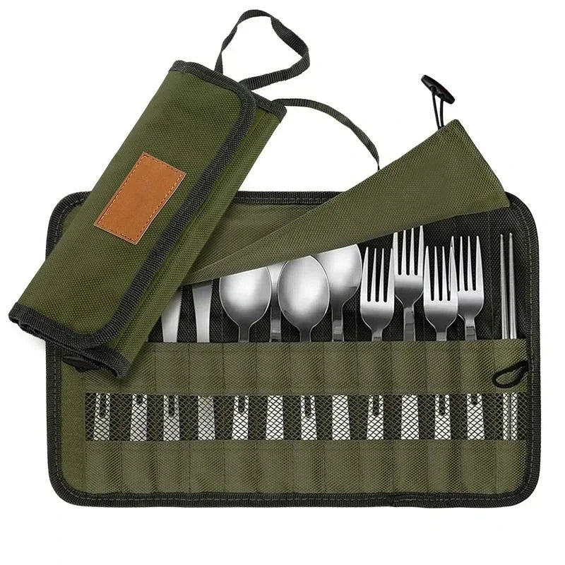 Portable Roll-Up Cutlery Storage Bag - Water Resistant Case for Forks, Spoons, Chopsticks - Ideal for Camping