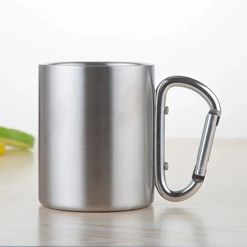 Stainless Steel Camping Cup with Carabiner Handle - Portable Water Mug for Outdoor Camping and Hiking