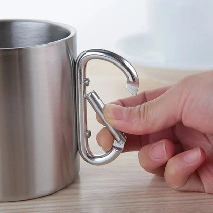 Stainless Steel Camping Cup with Carabiner Handle - Portable Water Mug for Outdoor Camping and Hiking