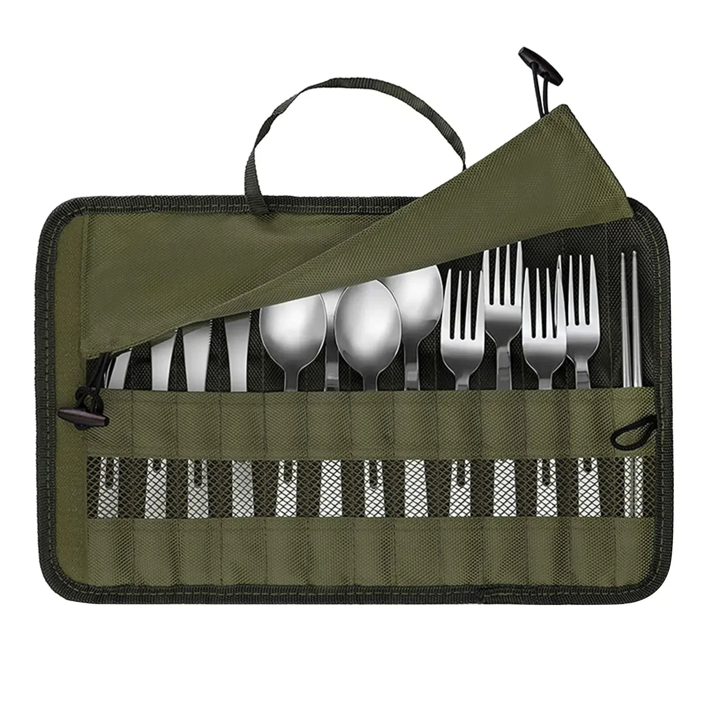 Portable Roll-Up Cutlery Storage Bag - Water Resistant Case for Forks, Spoons, Chopsticks - Ideal for Camping