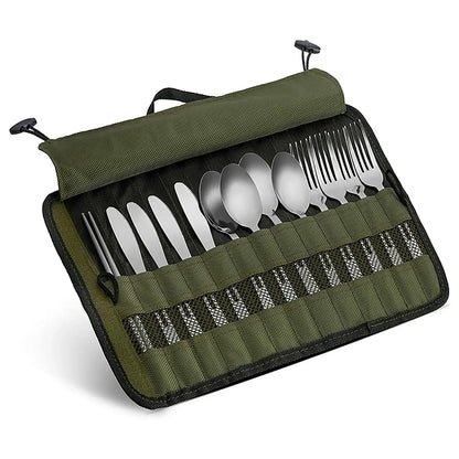 Portable Roll-Up Cutlery Storage Bag - Water Resistant Case for Forks, Spoons, Chopsticks - Ideal for Camping