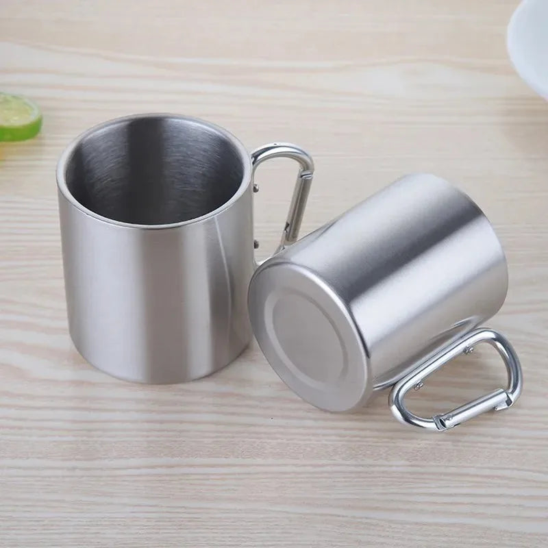 Stainless Steel Camping Cup with Carabiner Handle - Portable Water Mug for Outdoor Camping and Hiking