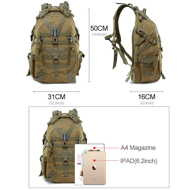 40L Tactical Camping Backpack - Travel Hiking Rucksack for Men, Reflective Outdoor Climbing and Fishing Bag, EP001